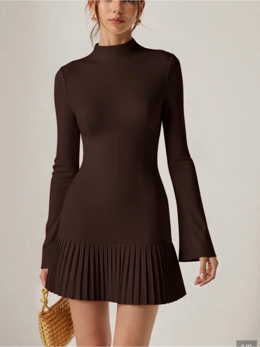 Commense Dark Brown Mini Dress with Pleated Hem